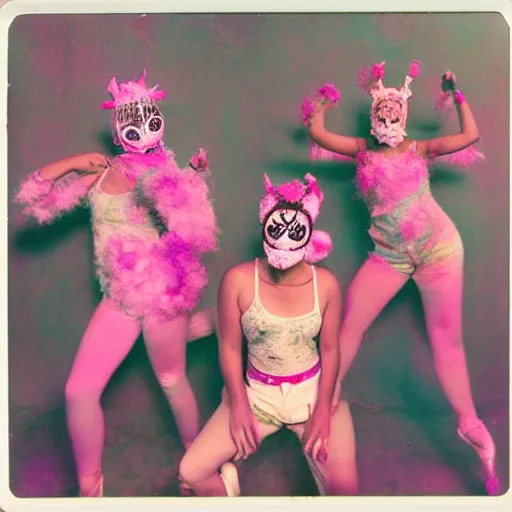 Image similar to polaroid of dancers that are made from cotton candy and foliage, very ornate, wearing MASKS, smudge, mix, DADA collage, texture, lomography, fashion neon light, rim lighting