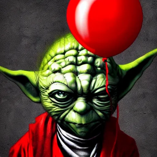 Image similar to surrealism grunge cartoon portrait sketch of yoda with a wide smile and a red balloon by - michael karcz, loony toons style, freddy krueger style, horror theme, detailed, elegant, intricate