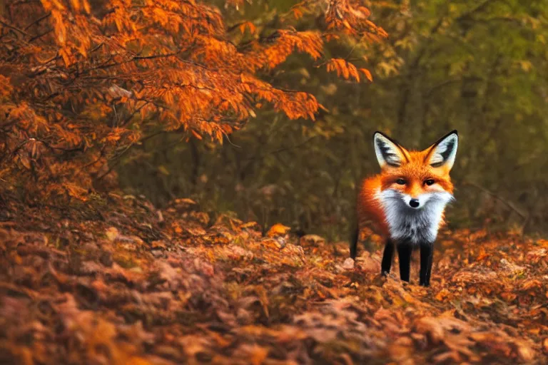 Prompt: A wild fox wandering amongst the falling autumn leaves of the forest it calls home