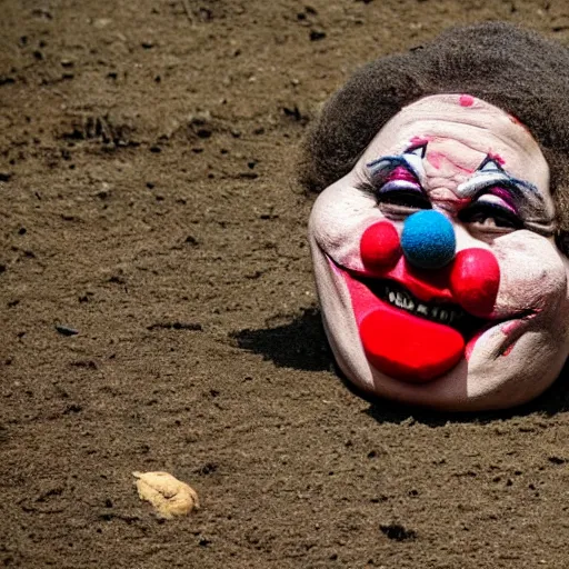 Image similar to a walking clump of dirt with a clown face