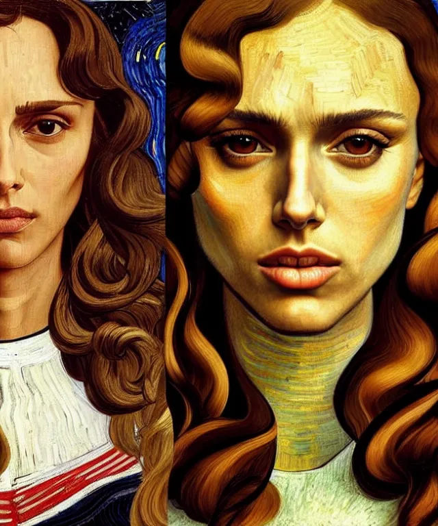 Image similar to half Nathalie portman half jessica alba portrait by Sandro Botticelli and Van gogh, sci-fi, amber eyes, beautiful face, appealing long hair, fantasy, intricate, elegant, highly detailed, digital painting, artstation, concept art, smooth, sharp focus, oil painted illustration by Sandro Botticelli and Van Gogh