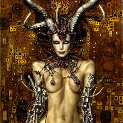 Prompt: horned cybernetic demon trapped in circuitry, intricate detail, klimt, royo,