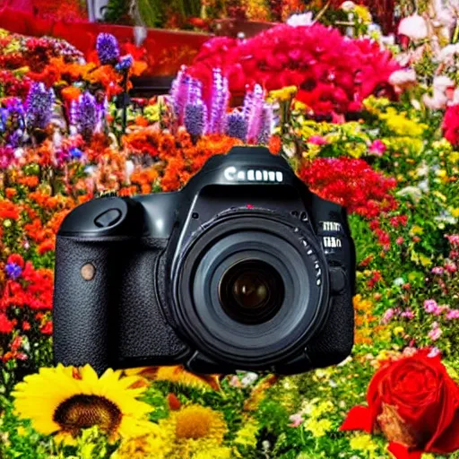 Prompt: dslr camera constructed from flowers