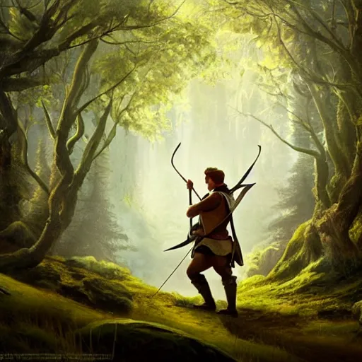 Image similar to Robin Hood with long bow in a forest, 4k, artstation, cgsociety, award-winning, masterpiece, stunning, beautiful, glorious, powerful, fantasy art