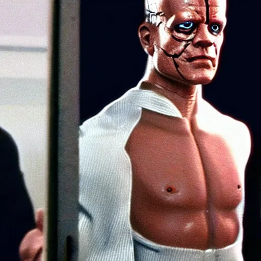 Prompt: Olaf Scholz as The Terminator in the movie Terminator - Judgment Day
