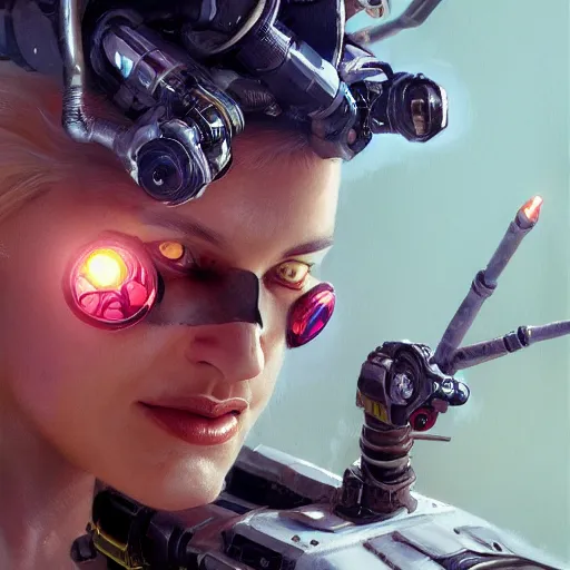 Image similar to tank girl, highly detailed, half human, half cyborg, power implants, full body transmogrify, beautiful, mesmerising, look of desire, loving stare, action shot, digital painting, trending on artstation, concept art, 4 k, sharp focus, illustration, art by greg rutkowski and magali villeneuve