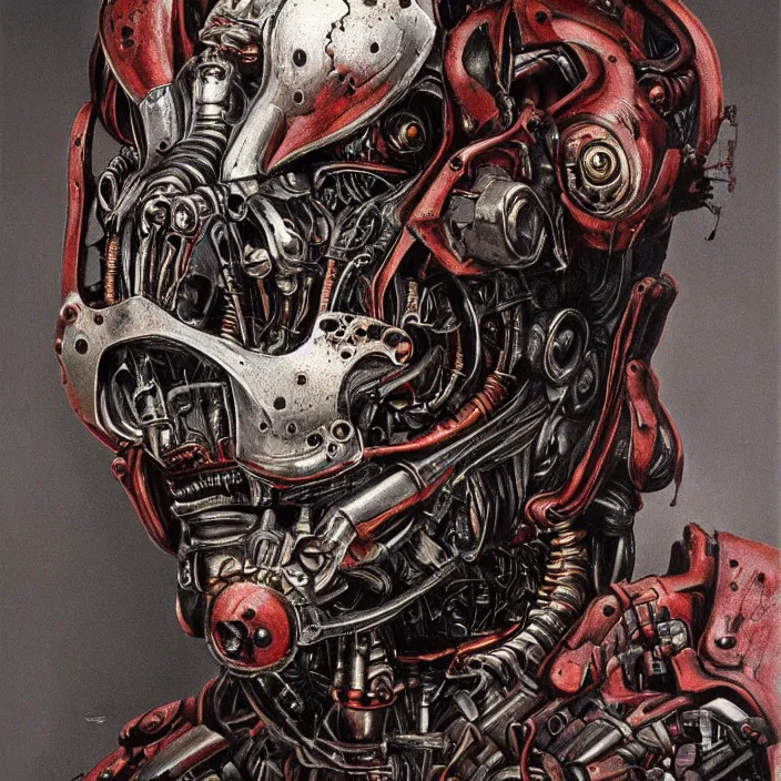 Image similar to in the art style of H.R. Giger a portrait of an evil, demented battle-damaged ruby Ultron from Age of Ultron, clockwork steampunk, head and chest only, by Beksinski, 4k, deviantart, trending on artstation, bio-chemical, bionic, fiber-optics, wires, electrical, short circuit, robocop, terminator, t-800, endoskeleton, steampunk