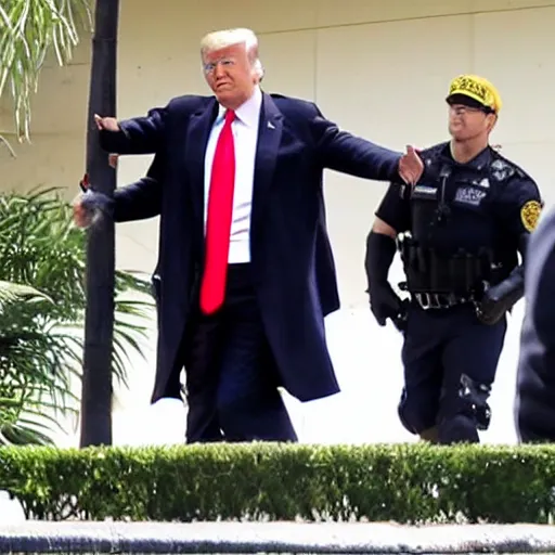 Image similar to News still of Donald Trump being arrested at mar-a-lago