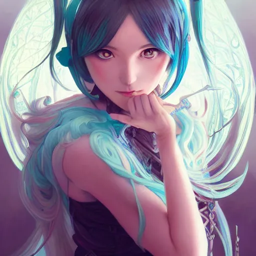 Image similar to portrait of hatsune miku, d & d, fantasy, intricate, elegant, highly detailed, digital painting, artstation, concept art, smooth, sharp focus, illustration, art by artgerm and greg rutkowski and alphonse mucha