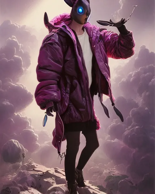 Image similar to beautiful fantasy character portrait, donnie darko, wearing oversized puffy pink bomber jacket and black bikini, ultra realistic, wide angle, seductive pose, cyberpunk artifacts, highly detailed by peter mohrbacher, pixar, malti klarwein, boris vallejo, aaron horkey, gaston bussiere, craig mullins