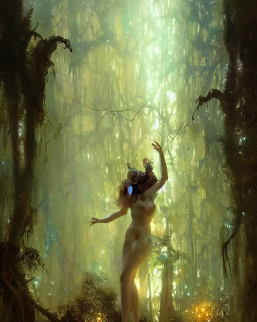 Image similar to my dream when soul leaving body, dryads standing near me in lingering made of plants and trees trying to catch soul that flying up to gods light ray from above, volumetric neon lights intricate details, by greg rutkowski, gaston bussiere