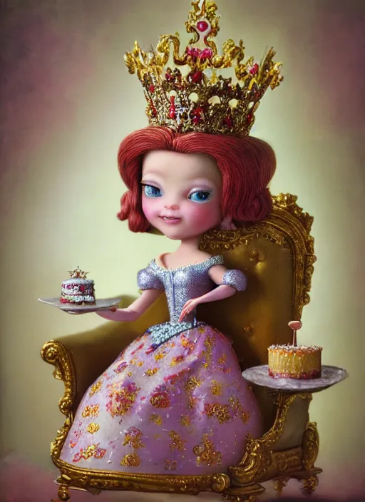 Image similar to highly detailed closeup, portrait of a tin toy fairytale princess wearing a crown and sitting on a throne eating cakes, unreal engine, nicoletta ceccoli, mark ryden, earl norem, lostfish, global illumination, detailed and intricate environment