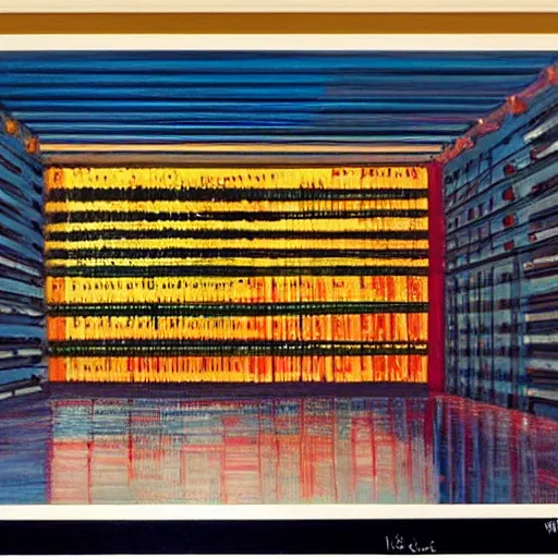 Image similar to a painting by Wayne Thiebaud inside of a high end data center that's on fire!!!!!!! by Wayne Thiebaud