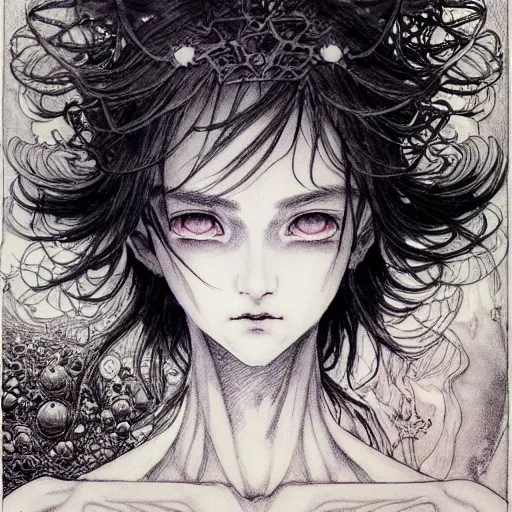 Image similar to prompt: Fragile looking vessel portrait soft light drawn by Vania Zouravliov, inspired by Akira 1988 anime, magical and alchemical weapons, soft light, white background, intricate detail, intricate ink painting detail, sharp high detail, manga and anime 2000