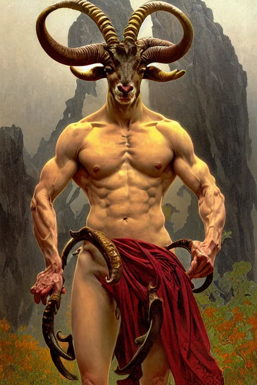 Prompt: portrait of a beautiful young fit male demon with ram horns, scaly torso and goat legs, hellish scene, by greg rutkowski and alphonse mucha, d & d character, gradient red to yellow, in front of an hellish landscape background, highly detailed portrait, digital painting, artstation, concept art, smooth, sharp focus ilustration, artstation hq