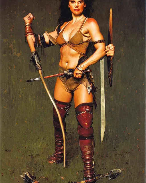 Image similar to portrait of a beautiful savage muscular barbarian female with light leather armor, by norman rockwell