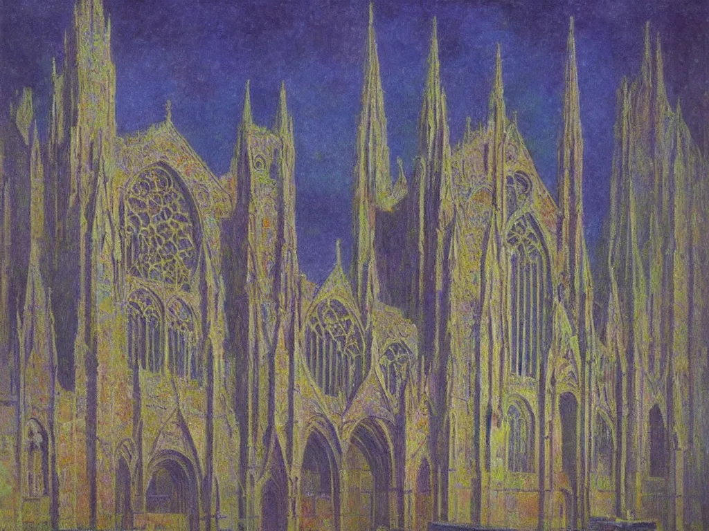 Image similar to gothic deserted cathedral with dream bot mothership psychedelia. monet, matisse, wayne barlowe, agnes pelton, rene magritte