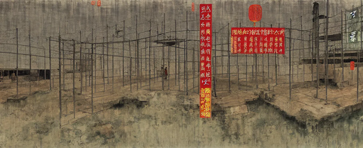 Image similar to a chinese prison near a river by peter doig, muted colors, overlaid with chinese adverts