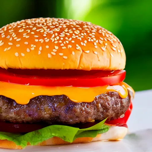 Prompt: closeup photo of most delicious cheeseburger with a slice of tomato inside