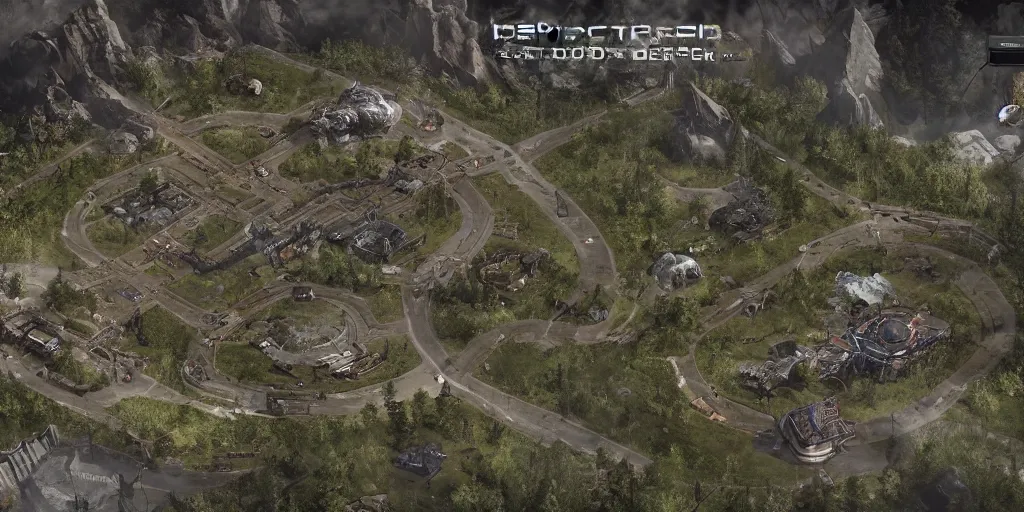 Prompt: zoomed out rts game map based on deadspace meets farcry 5. lush environment, realism, unreal engine 5, edge of tomorrow technology