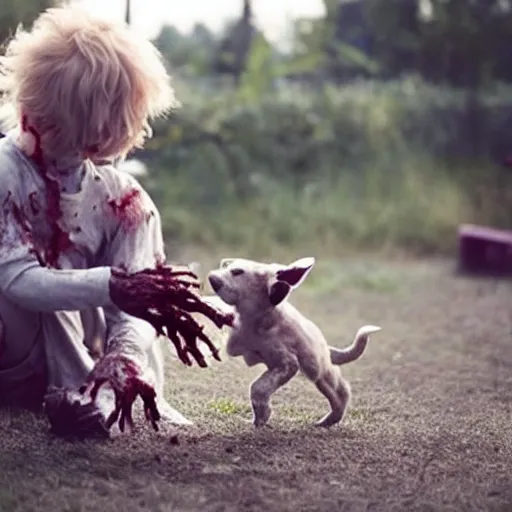 Prompt: a cute friendly zombie playing with a puppy