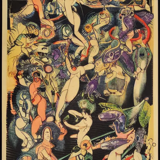 Image similar to rigorous ultraviolet by kunisada, by max beckmann. a beautiful computer art of a group of creatures that looks like a mix of different animals. most of the creatures have human - like features, such as arms & legs, & some are standing upright while others are crawling or flying.