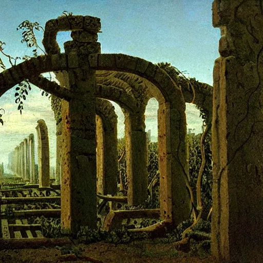 Image similar to a data center surrounded by ancient ruins and covered in vines, Caspar David Friedrich, oil painting
