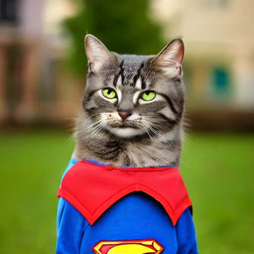 Prompt: high quality photograph of a cat wearing superman clothes