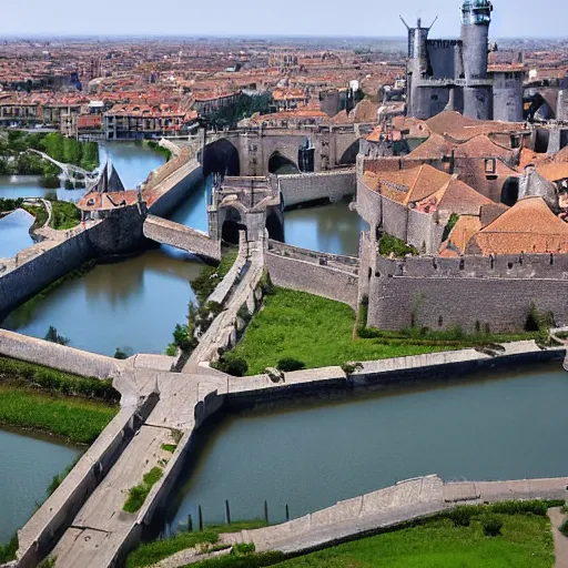 Prompt: medieval city with four aluminum towers rise from its walls flanking seven gates with spring operated drawbridges that span the moat whose water feeds four green canals which cross the city, dividing it into nine quarters, each with three hundred houses and seven hundred chimneys, magic the gathering