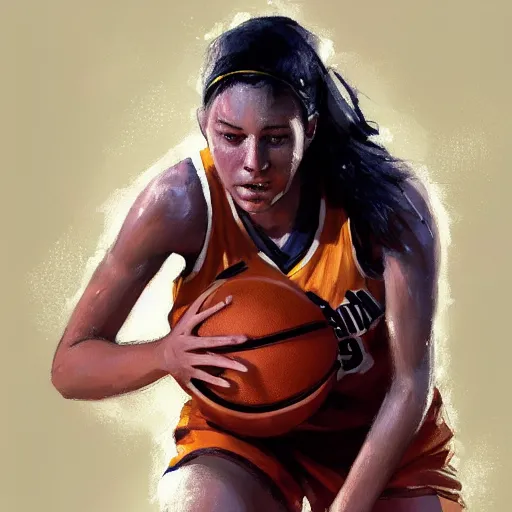 Prompt: painting of an woman basketball player, greg rutkowski, cg worker artstation