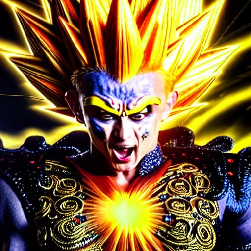 Prompt: uhd photorealistic detailed image of max voltage, the rock and roll emperor, dressed as super saiyan emperor, powering up, wearing extremely intricate costume and makeup, by ayami kojima, amano, and karol bak