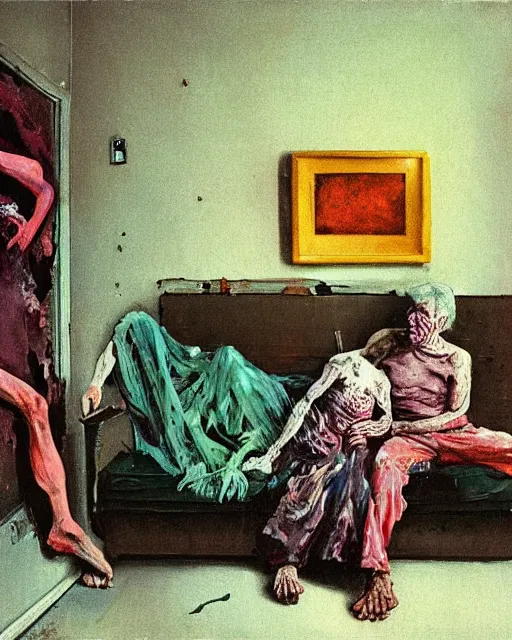 Prompt: old dead couple on couch in a decayed and ruined apartment room in the style of Francis Bacon and Syd Mead and Norman Rockwell and Beksinski, open ceiling, highly detailed, painted by Francis Bacon and Edward Hopper, painted by James Gilleard, surrealism, airbrush, very coherent, triadic color scheme, art by Takato Yamamoto and James Jean
