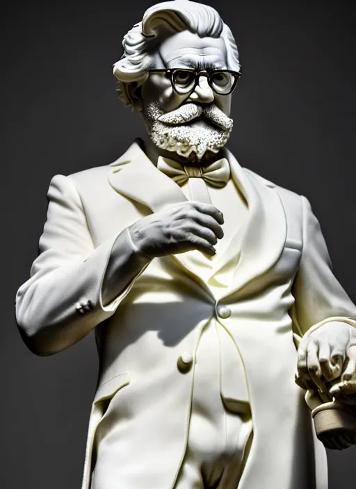 Prompt: colonel sanders as marble statue by michaelangelo, marble texture, high lights, 4 k, high detailed photography, 5 0 mm lens, depth of field, cinematic