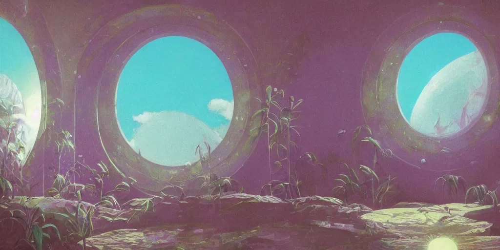 Prompt: 90s interior with circular windows, natural starlight, bright colors, romantic greenery, flowers, cinematic, cyberpunk, smooth, chrome, lofi, nebula, calming, dramatic, fantasy, by Moebius, by zdzisław beksiński, fantasy LUT, studio ghibli, high contrast, epic composition, sci-fi, dreamlike, surreal, angelic, 8k, unreal engine, hyper realistic, fantasy concept art,