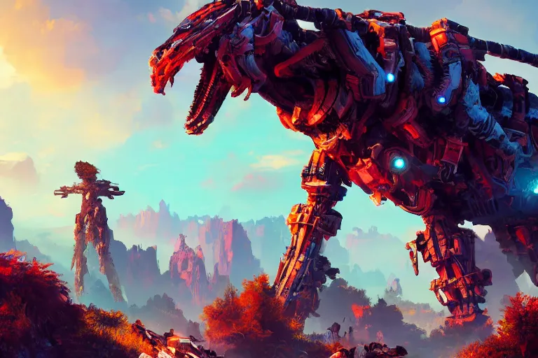 Image similar to ravager machine mecanical creature robot of horizon forbidden west horizon zero dawn radiating a glowing aura global illumination ray tracing hdr fanart arstation by ian pesty and alena aenami artworks in 4 k