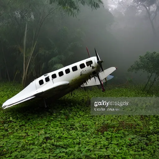 Prompt: beechcraft type 1 8 crash landed in a misty foggy jungle,