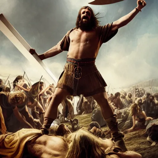 Image similar to Jesus Christ as a viking holding a battleax yelling and raising his arms, 8k, hyperrealistic, professional photography, epic composition