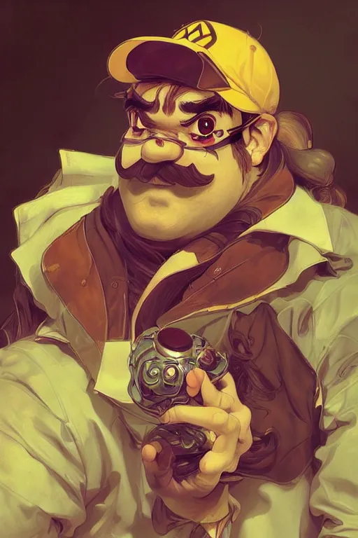 Prompt: portrait of Wario from WarioWare, dreamy and ethereal, overalls, chaotic, elegant, highly detailed, digital painting, artstation, concept art, smooth, sharp focus, illustration, art by artgerm and greg rutkowski and alphonse mucha