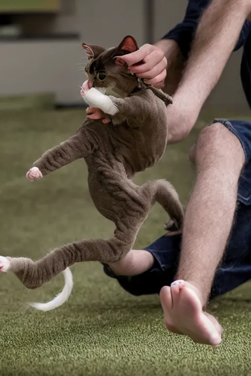 Image similar to a photo of young man falling from walking over a hairless cat