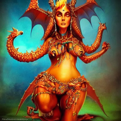 Image similar to photo of a cute female bellydancer dragon with 6 arms, anthropomorphic dragon, dragon face, stunning 3 d render, ultra real, masterpiece, glowing holy aura by roger dean and aleski briclot