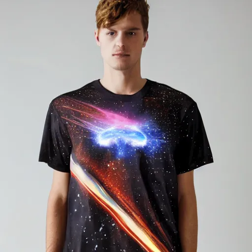 Image similar to photo of a t - shirt with a cool galactic print on the chest in the style of maximalism, product photo