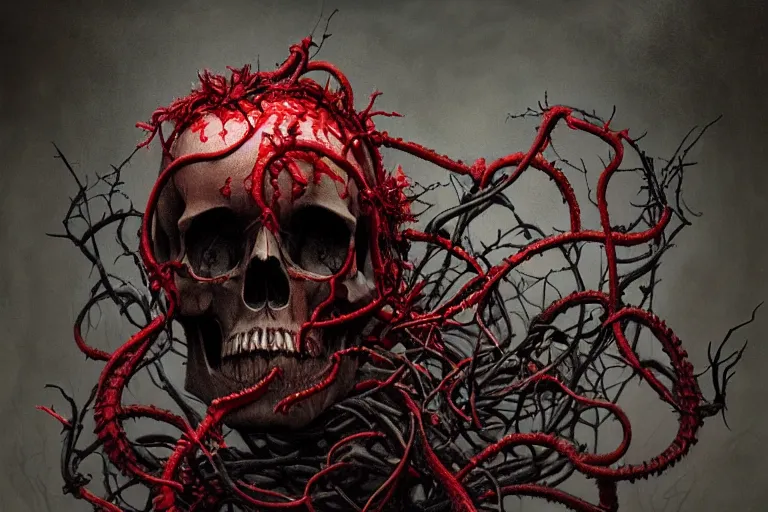 Image similar to realistic portrait beautiful detailed matte painting of cinematic movie scene a skinned skull, tentacles, black and red, thorns, vines, horror, created by gustave dore and greg rutkowski, high detailed, smooth draw, synthwave neon retro, intricate, realistic proportions, dramatic lighting, trending on artstation.