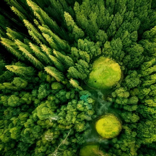 Prompt: small monsters in forest, aerial photography