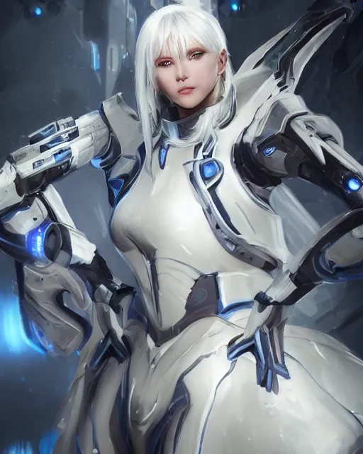 Image similar to perfect white haired girl, warframe armor, beautiful, dreamy, pretty face, blue eyes, portrait, detailed, bright light, scifi, amazing, utopian architecture in the background, laboratory, 4 k, ultra realistic, aura of light, cinematic, high detail, masterpiece, art by akihito tsukushi, akasuki brightmind