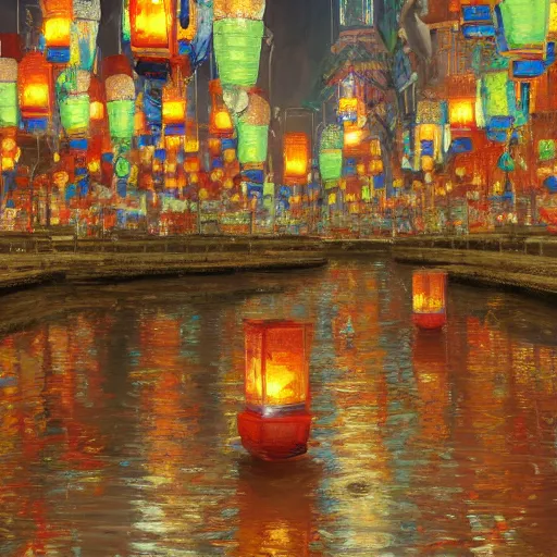 Image similar to concept art, river lanterns on the eve of ullambana festival, high resolution, by james gurney, king sejong, yi jeong, yi jing, artstation