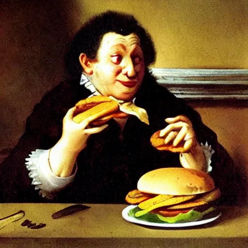 Image similar to ronald mcdonald eating a hamburger, painting by fransisco goya