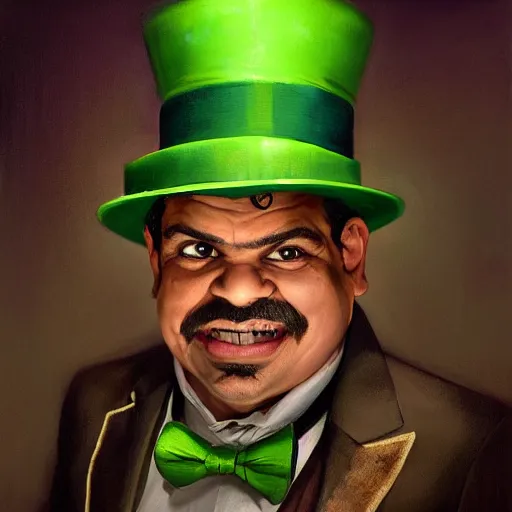 Image similar to hyper realistic portrait, beautifully rendered, luis guzman as dapper fancy luigi wearing a green top hat, green suit and bowtie, smirking deviously, painted by greg rutkowski, wlop, artgerm, dishonored 2