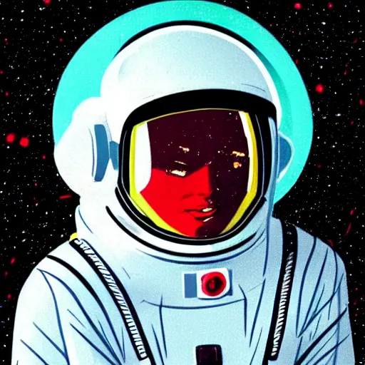 Prompt: retro space explorer portraits. red astronaut suit