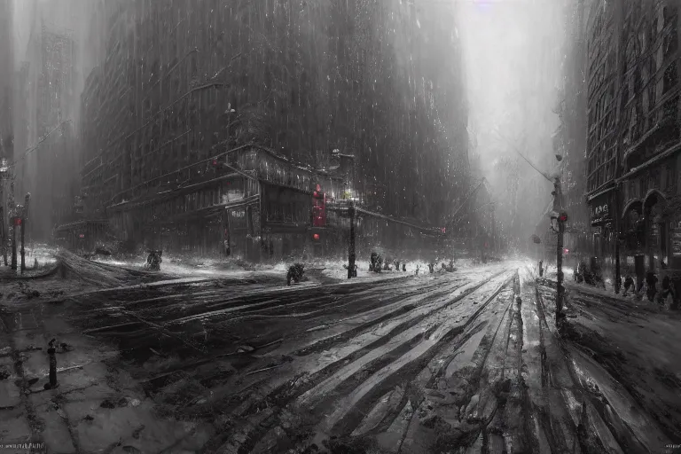 Image similar to New York city enveloped in ice, winter season, moody scene, highly detailed, intricate, sharp details, dystopian mood, 1950 scene by gaston bussiere, craig mullins, somber lighting, drawn by Giacomo Burattini, inspired by graphic novel cover art, hyperrealistic, 8k by RHADS