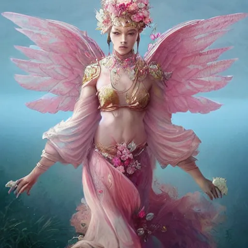 Image similar to expressive full body photo, of beautiful angel, smooth glowing skin, ornate headpiece made from pink flowers, glamour shot, by yoshitaka amano, by greg rutkowski, by jeremyg lipkinng, by artgerm, digital art, octane render